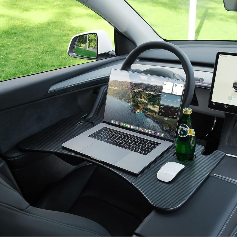 YONZEE Foldable Desk Food Tray (Carbon Edition) for Tesla Model Y Model 3 S X Y Juniper- Upgraded Table with Support Leg for Dining, in-Car Work, Travel and Outdoor (1 Pack) - Image 1